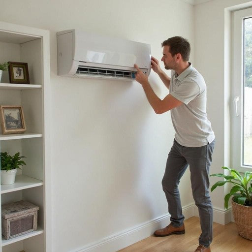 Technician installing split air conditioner indoor and outdoor units for efficient cooling